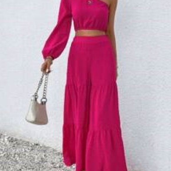 NEW SHEIN Essnce One Shoulder Lantern Sleeve Crop Blouse Ruffle Hem Pant… - Picture 3 of 3